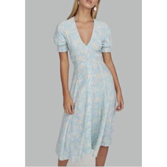 Faithfull The Brand Mejia Zhoe Floral Daisy Midi Crepe Dress Blue US 8 - Picture 1 of 12
